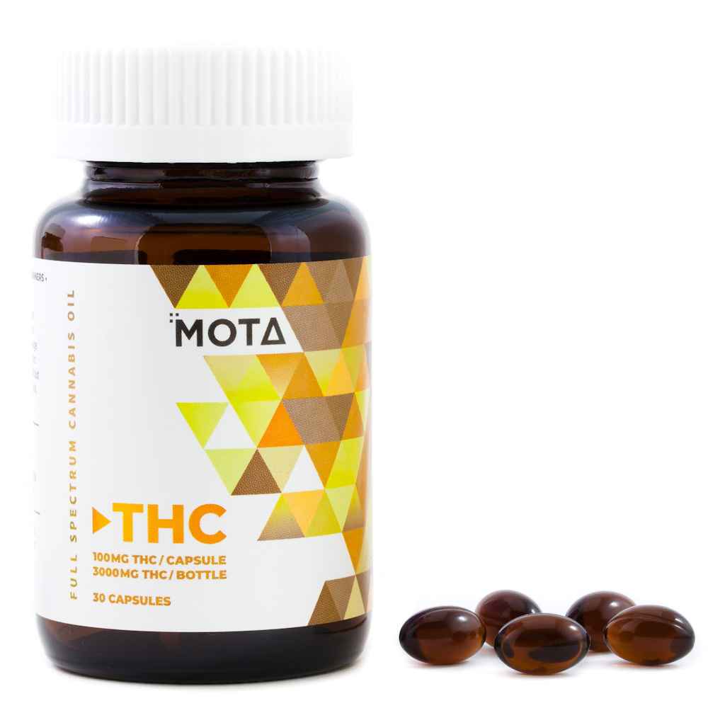 MOTA THC Weed Pills bottle with 100mg THC per capsule, showing several amber-colored capsules in front of the bottle