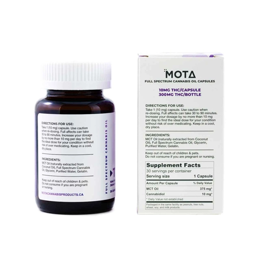 MOTA Full Spectrum THC Oil Capsules bottle with 30 soft gel capsules, each containing 10mg of THC, offering a discreet way to manage pain and anxiety