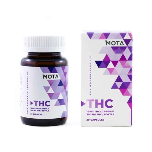 MOTA Full Spectrum THC Oil Capsules 300mg THC, showing a bottle and box with a geometric purple design, containing 30 capsules of 10mg THC each