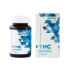 Front view of MOTA THC Capsules 25mg bottle and its packaging, labeled with 25mg THC per capsule and a total of 750mg THC per bottle