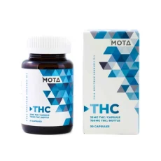 Front view of MOTA THC Capsules 25mg bottle and its packaging, labeled with 25mg THC per capsule and a total of 750mg THC per bottle