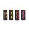Back view of four MOTA Lip Balm sticks, showing flavors Melon, Key Lime, Chocolate Cherry, and Raspberry Vanilla, with a strength of 100mg THC and 5mg CBD on the labels.