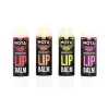 Four MOTA Medicated Lip Balm sticks in various colored labels arranged in a row, featuring black packaging with vibrant red, orange, green, and pink text.
