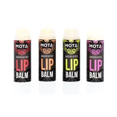 Four MOTA Medicated Lip Balm sticks in various colored labels arranged in a row, featuring black packaging with vibrant red, orange, green, and pink text.