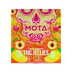 Packaging of MOTA Peach Mango Gummies THC 1000mg Jellies from Weed Market, featuring 1000mg of THC with peach and mango flavors