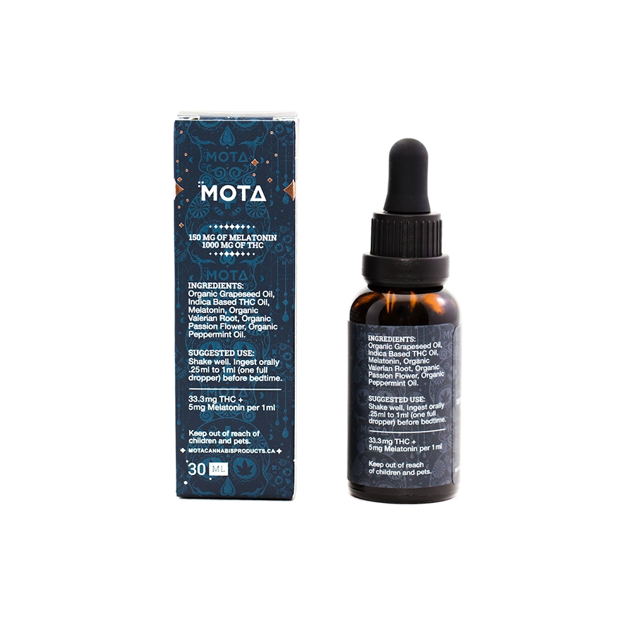 Back view of Mota THC Sleep Tincture packaging, showing ingredients and instructions