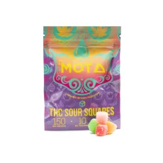 MOTA THC Sour Squares packaging displaying colorful sour gummy squares infused with 150mg THC per bag. Each gummy provides 10mg THC, vegan-friendly, and designed for stress relief, pain management, and relaxation