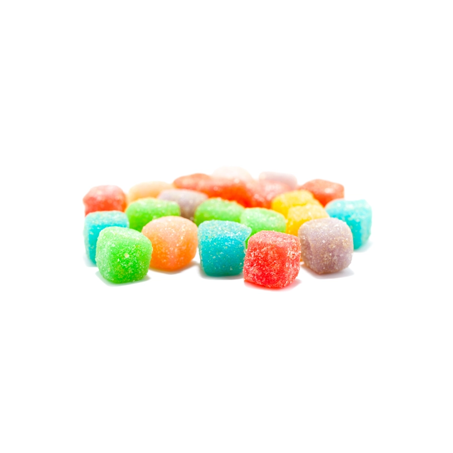 A close-up view of assorted colorful MOTA THC Sour Squares, infused with 10mg THC per piece, totaling 150mg THC per bag, offering vegan-friendly gummies for relaxation and pain relief