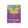 Flat display of MOTA THC Sour Squares packaging, featuring bright, psychedelic artwork and details of 150mg THC per bag, 10mg THC per square, promoting stress and pain relief, and vegan-friendly ingredients