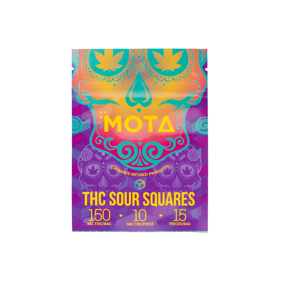 Flat display of MOTA THC Sour Squares packaging, featuring bright, psychedelic artwork and details of 150mg THC per bag, 10mg THC per square, promoting stress and pain relief, and vegan-friendly ingredients
