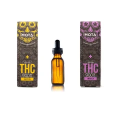 Two boxes of MOTA THC Tinctures, one labeled 'Sativa' in yellow and the other labeled 'Indica' in purple, with a dropper bottle between them