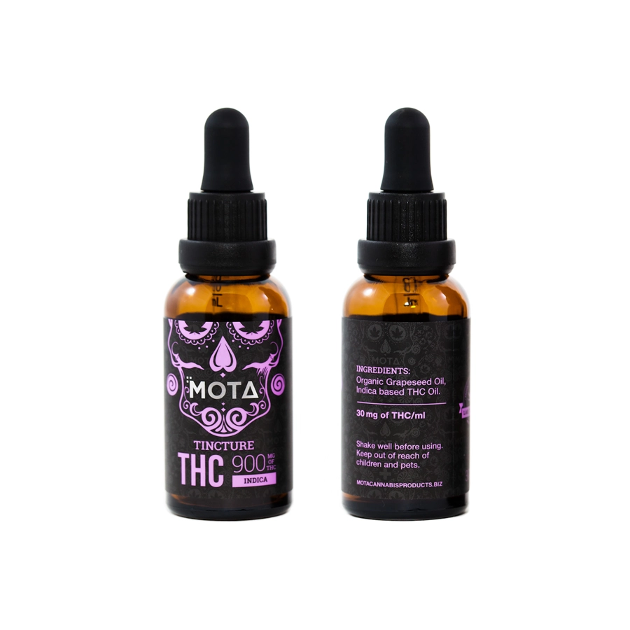 Front and back view of MOTA THC Tincture Indica bottle, displaying ingredients and 30mg THC concentration per ml