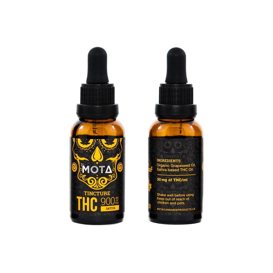 Front and back view of MOTA THC Tincture Sativa bottle, showing the ingredients and 30mg THC concentration per ml