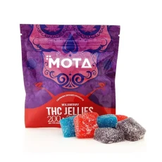 Front packaging of MOTA THC Wild Berry Jellies from Weed Market, with assorted gummies in blackberry, blueberry, and raspberry flavors.