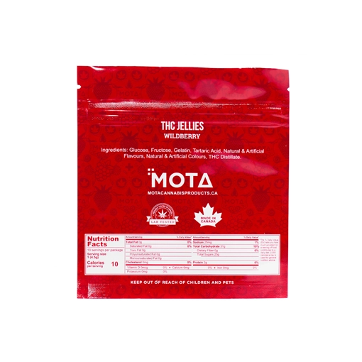 Back packaging of MOTA THC Wild Berry Jellies from Weed Market, listing ingredients and nutrition facts