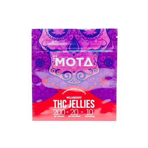 Front packaging of MOTA THC Wild Berry Jellies from Weed Market, showing 200mg THC per bag and 20mg THC per piece