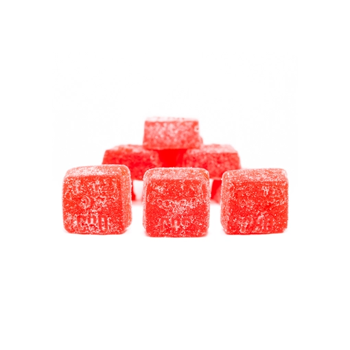 Close-up of MOTA CBD Watermelon Jellies from Weed Market in red square shapes