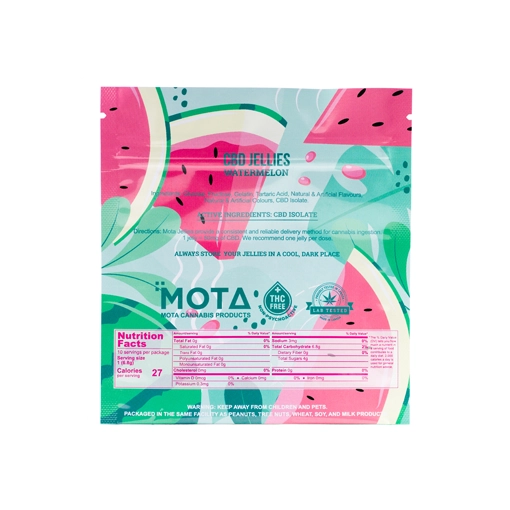 Back packaging of MOTA CBD Watermelon Jellies from Weed Market, listing ingredients, nutrition facts, and product information