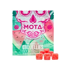 Front packaging of MOTA CBD Watermelon Jellies from Weed Market, with red gummies showcasing 500mg CBD per bag and 50mg per piece