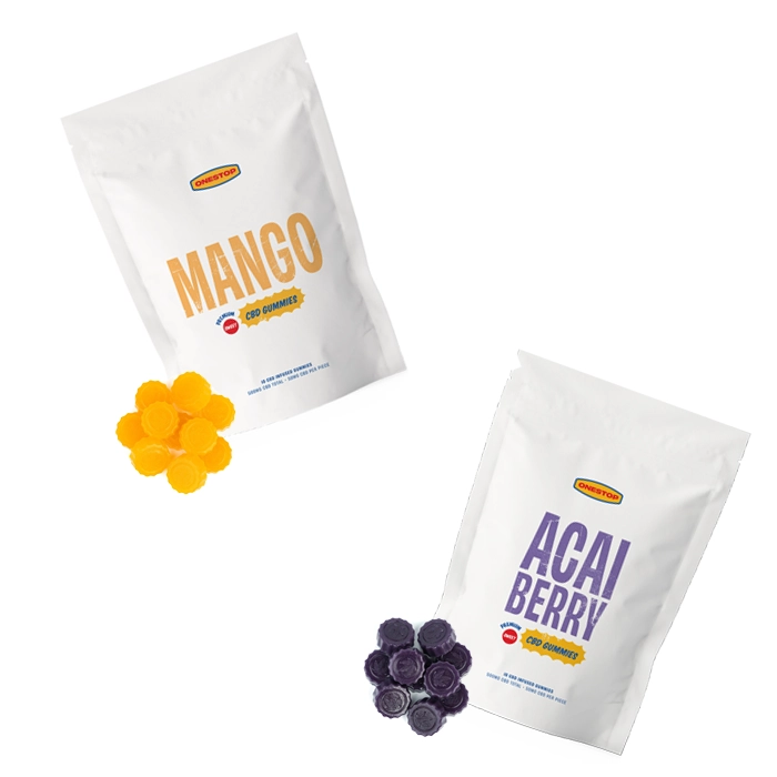 Onestop Gummies CBD 500mg pack from Weed Market, featuring acai berry and mango-flavored CBD gummies, made with natural ingredients