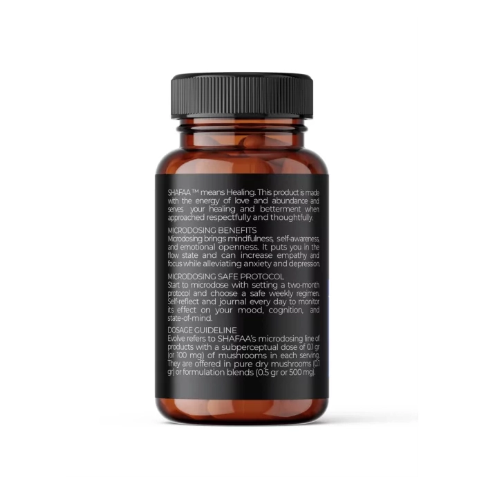 The back label of the Shafaa Prime bottle shows product details, including microdosing benefits, protocol, and a list of ingredients, which includes 100mg of Psilocybe Cubensis per capsule