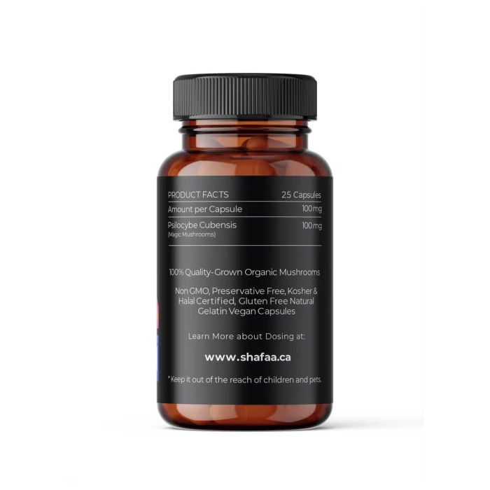 Close-up of the back label listing ingredients such as 100mg of Psilocybe Cubensis per capsule and 25 capsules per bottle. The product is non-GMO, gluten-free, and preservative-free