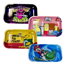 A set of four colorful Smoke Arsenal medium-sized rolling weed trays. The top left tray has a bold "Let's Get Stoned" design with a graphic of a pink tongue holding a joint. The top right tray features characters resembling The Simpsons as various smoking-related items like joints and bongs. The bottom left tray showcases a parody of Winnie the Pooh as "Winnie the Pothead" holding a bowl of green buds. The bottom right tray depicts Mario and Yoshi in a vibrant, blue, and cartoon-style design. Each tray has rounded edges and deep walls for easy rolling.