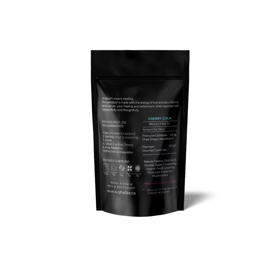 Detailed product information for Shafaa Mushrooms Penis Envy Gummies, including 0.5g of psilocybin per gummy and usage guidelines. Available at Weed Market for a premium psychedelic experience