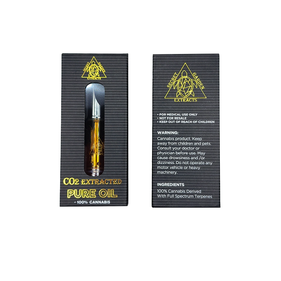 Image showing the front and back view of the Secret Garden CO2 Extracted Pure Oil vape cartridge box, labeled with ingredients and warning information.