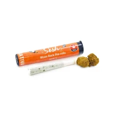 Sesh Sativa moonrock Joint with 1g of premium sativa flower infused with distillate and kief, shown alongside the orange packaging tube