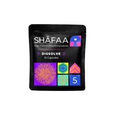 SHAFAA Dissolve Macrodose Magic Mushroom Capsules, featuring vibrant artwork and bold text, contain 10 capsules with 500mg of psilocybin per capsule, ideal for enhancing creativity and mood