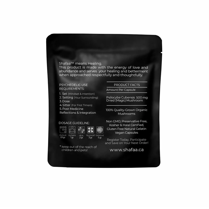 Back view of SHAFAA Dissolve Magic Mushroom Capsules showing dosage guidelines, product information, and ingredients, emphasizing 500mg of psilocybin per capsule and organic mushrooms