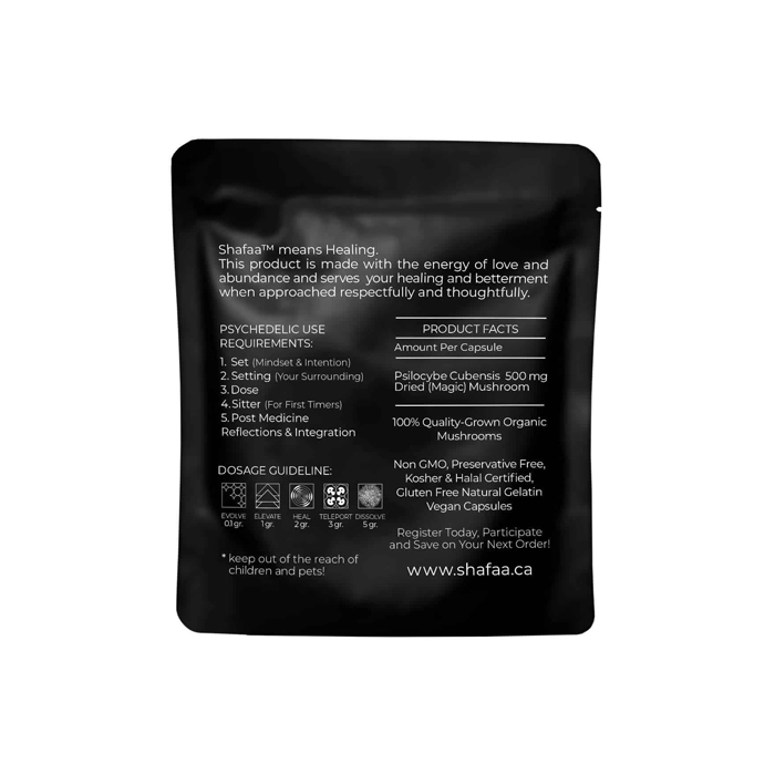 The back of the SHAFAA Heal pouch provides product facts and dosage guidelines for safe use. It highlights 500mg of psilocybin per capsule with the vegan, gluten-free, and preservative-free ingredients. The text is laid out clearly for consumers seeking a mindful macrodose