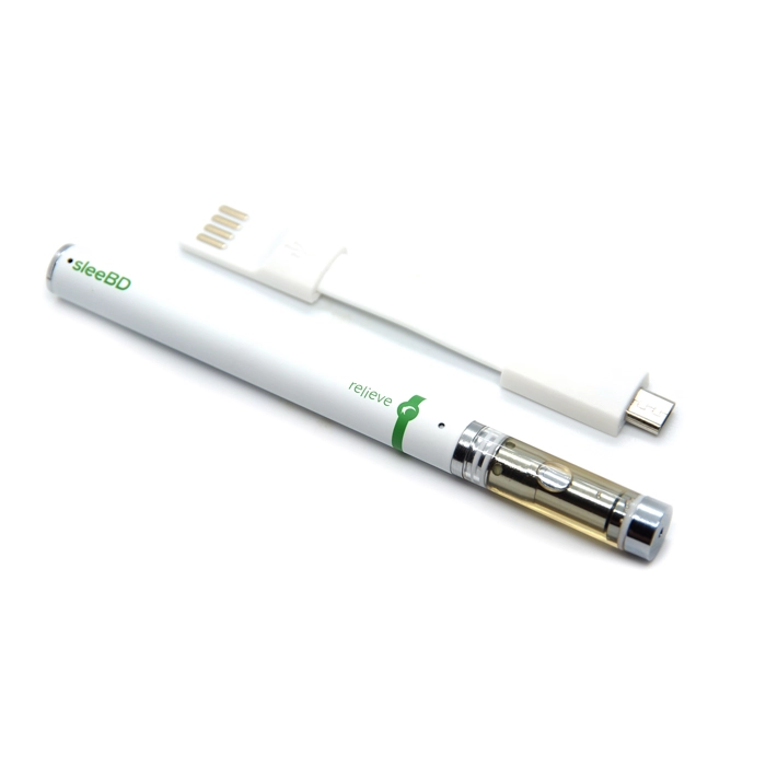 SleeBD Relieve Pure CBD Vape - A close-up view of the white disposable CBD vape pen with green accents, lying next to its USB charging cable