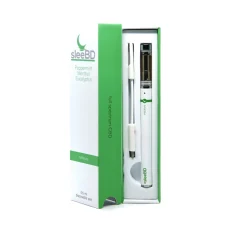 SleeBD Relieve Pure CBD Vape - A white and green full-spectrum CBD disposable vape pen designed for relief, infused with peppermint, menthol, and eucalyptus essential oils. The pen is packaged in a sleek box with a visible charging cable