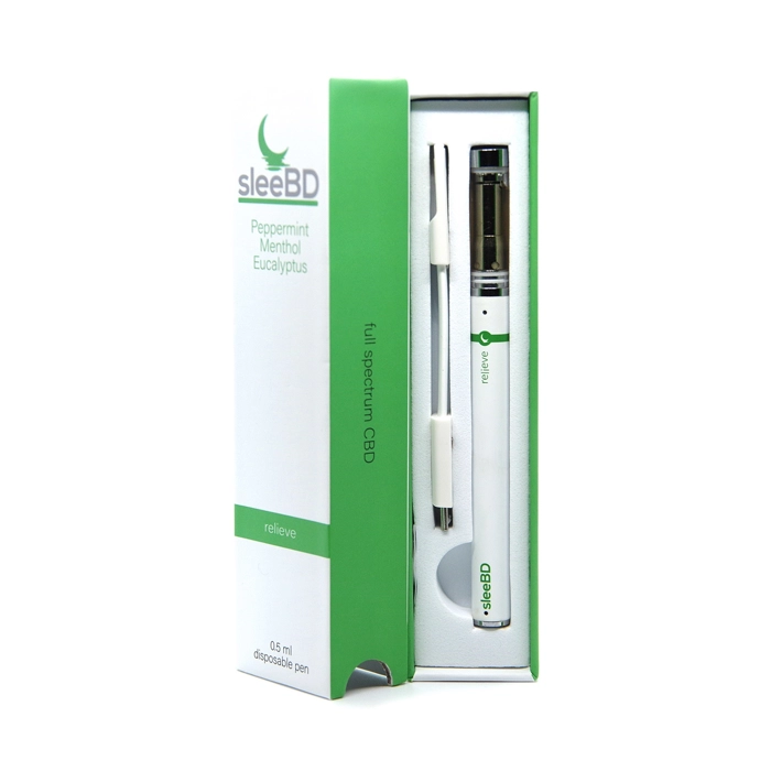 SleeBD Relieve Pure CBD Vape - A white and green full-spectrum CBD disposable vape pen designed for relief, infused with peppermint, menthol, and eucalyptus essential oils. The pen is packaged in a sleek box with a visible charging cable