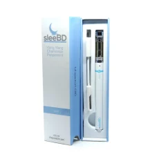 A sleeBD Rest disposable CBD pen for sleep displayed in its sleek packaging. The package is white with blue accents, featuring the brand name "sleeBD" and listing key essential oil ingredients: Ylang Ylang, Chamomile, and Peppermint. The pen is shown standing vertically inside the open box with a white sleek body and a blue label indicating the "rest" formulation