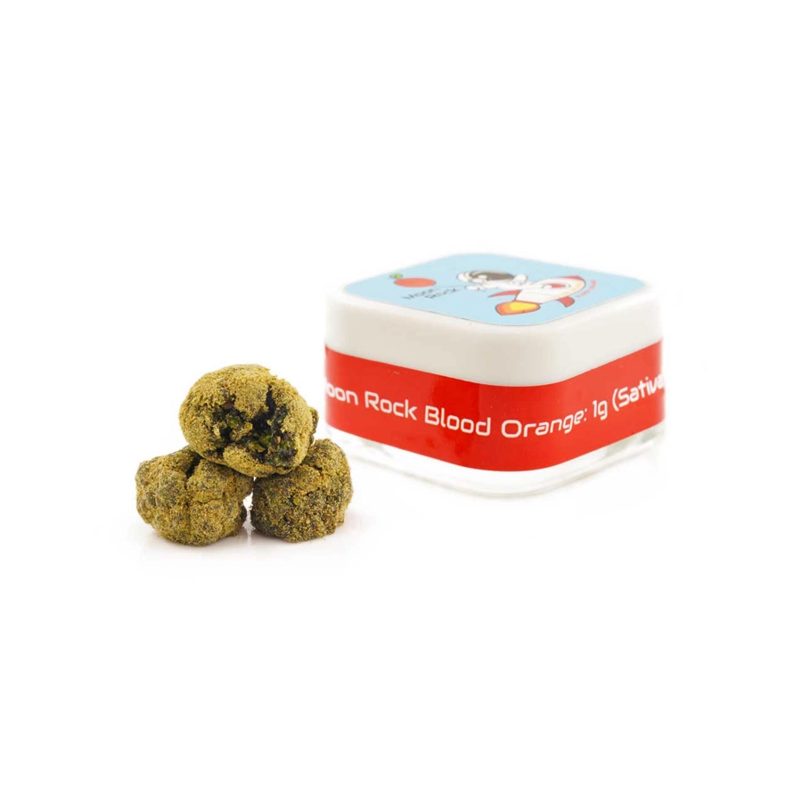 Moon Rock Blood Orange 1g (Sativa) in a square container, with three kief-covered Moon Rocks displayed beside it