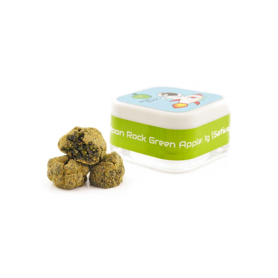 Moon Rock Green Apple 1g (Sativa) in a square container, with three kief-covered Moon Rocks displayed beside it