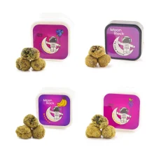 To The Moon Indica 1 gram of Moonrock Collection: Four indica moon rock containers in different flavors, each with three moon rocks in front, showcasing raspberry, banana, grape, and blueberry flavors.