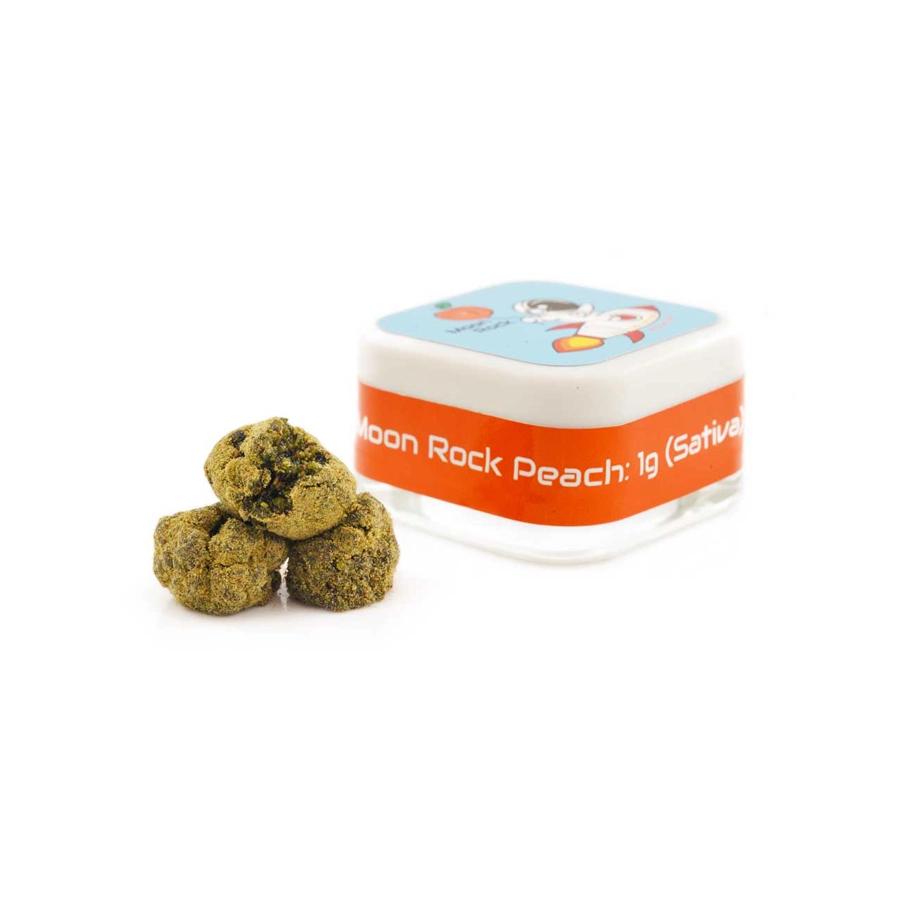 Moon Rock Peach 1g (Sativa) in a square container, with three kief-covered Moon Rocks displayed beside it