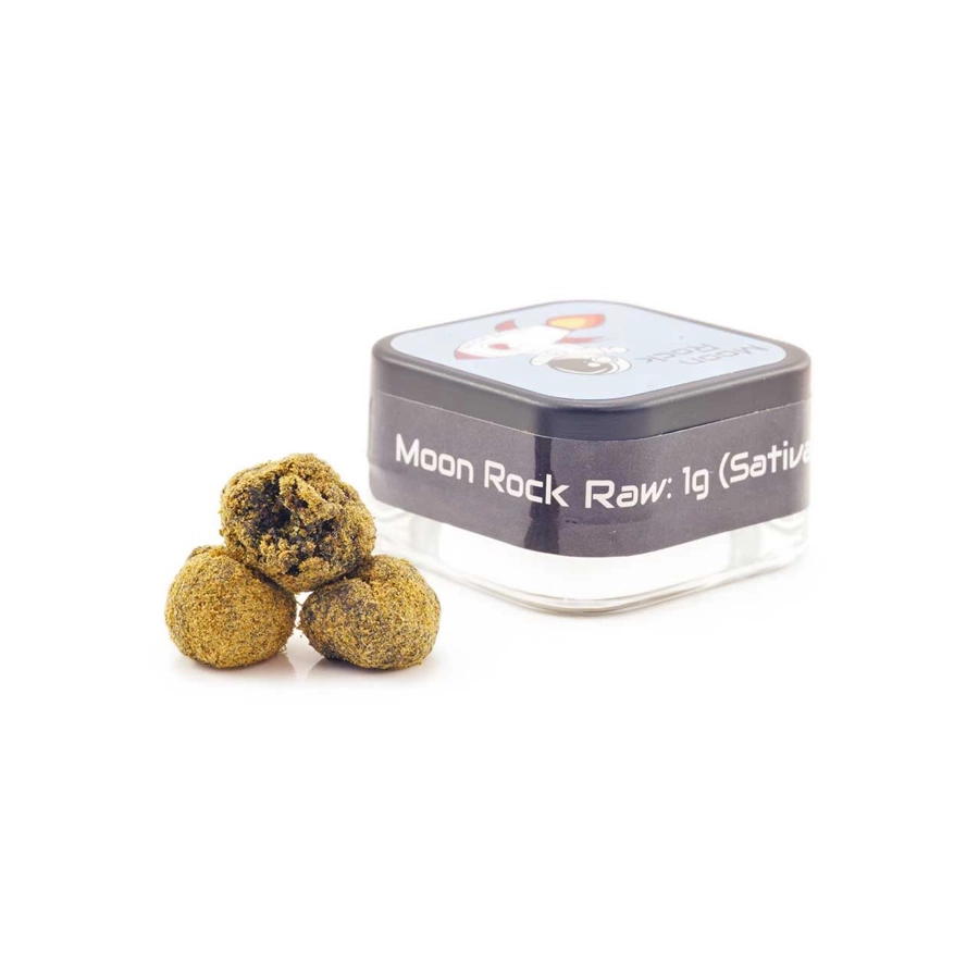 Moon Rock Raw 1g (Sativa) in a square container, with three kief-covered Moon Rocks displayed beside it