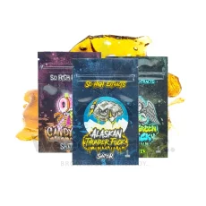 Three different packs of So High Extracts Shatter featuring vibrant packaging designs for Candyland, Alaskan Thunder Fuck, and God's Green Crack with a background of cannabis shatter concentrate.