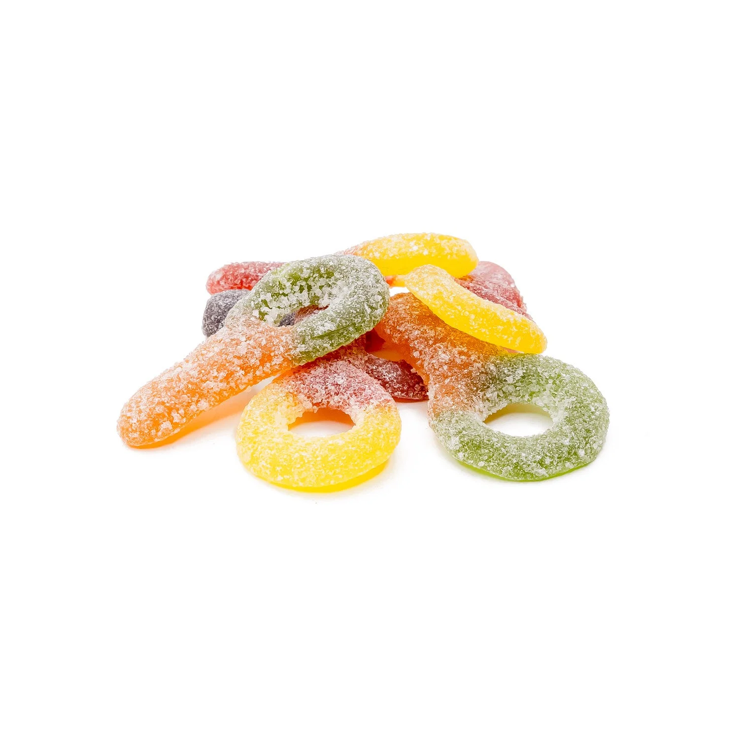 A close-up view of Faded Edibles' Sour Suckers gummies, showing sugar-coated colorful ring and key-shaped candies