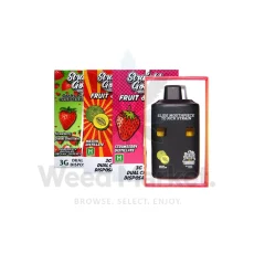 Four Straight Goods disposable vape boxes showing Strawberry Diesel, Melon, and Strawberry Distillate flavors, with a close-up of the dual-chamber vape pen featuring a sliding mouthpiece to choose the strain