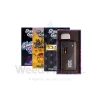 A row of Straight Goods 3g disposable vape pens in various indica flavors, including Granddaddy Purple, Lebanese Hashish, and Tom Ford, displayed with the vape pen visible on the right in its packaging.