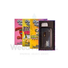 Straight Goods 3g disposable vape pen with packaging showing Strawberry Cough, Stoned Fruit, and Lemonade flavors. Pen is displayed in a black casing.