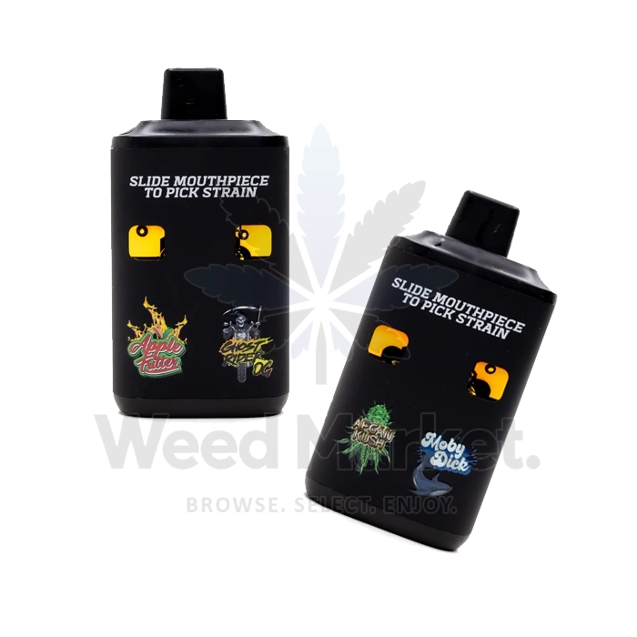Two Straight Goods dual-chamber disposable vape pens featuring strain stickers for Ghost Rider OG, Apple Fritter, Afghan Kush, and Moby Dick, highlighting the slide function for selecting the strain