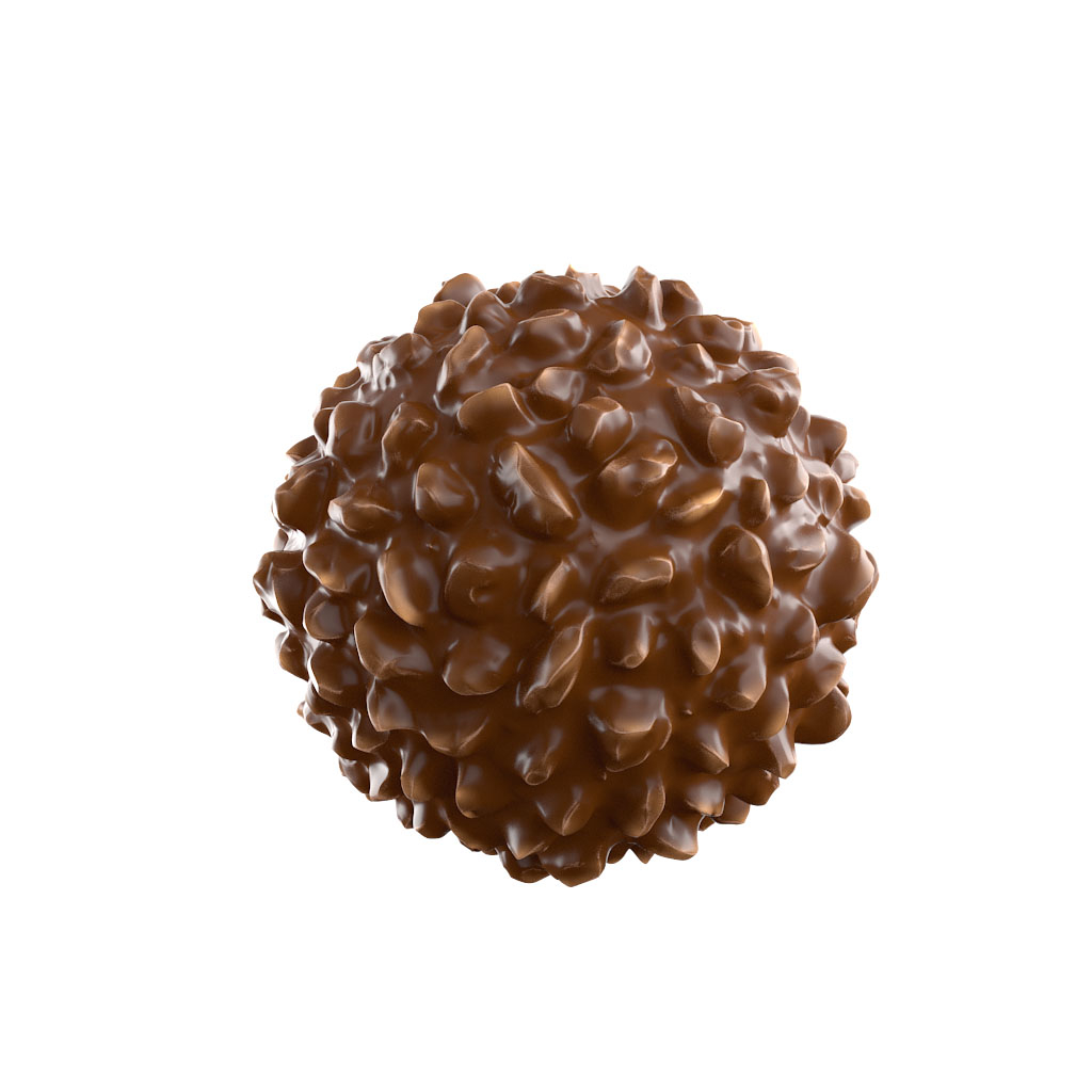 Close-up of a single Hazelnut Delight THC truffle, featuring a textured chocolate exterior with hazelnut pieces embedded throughout the surface