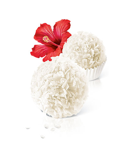 Close-up of High Heals Coconut Heaven THC truffles, showcasing the white coconut exterior with a decorative hibiscus flower for a tropical aesthetic